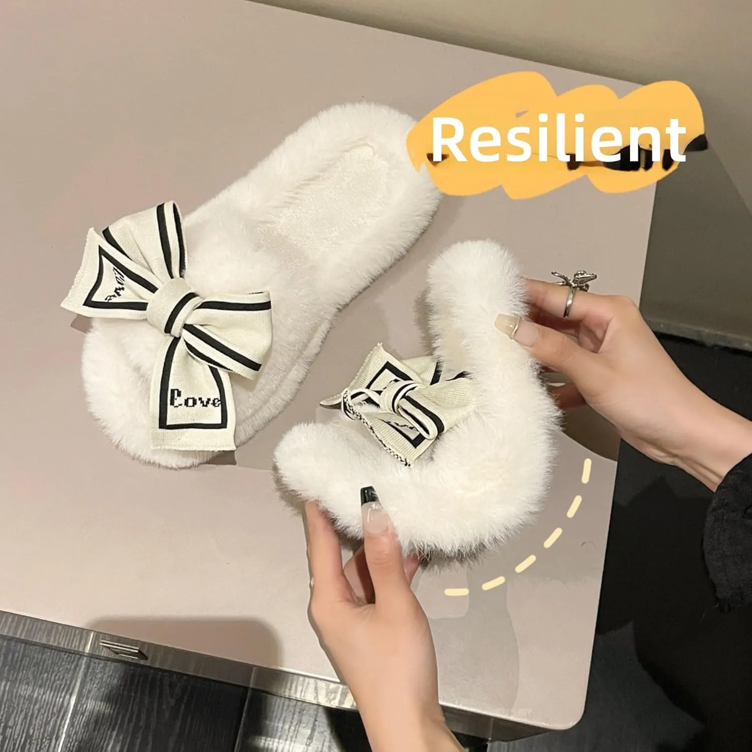 Fluffy Slippers Women's Cute Bow Tie Fuzzy Slippers Open Toe House Shoes Outdoor Indoor Plush Slippers Cozy Bedroom Shoes Slip On Shoes Autumn Winter Home Warm Slippers