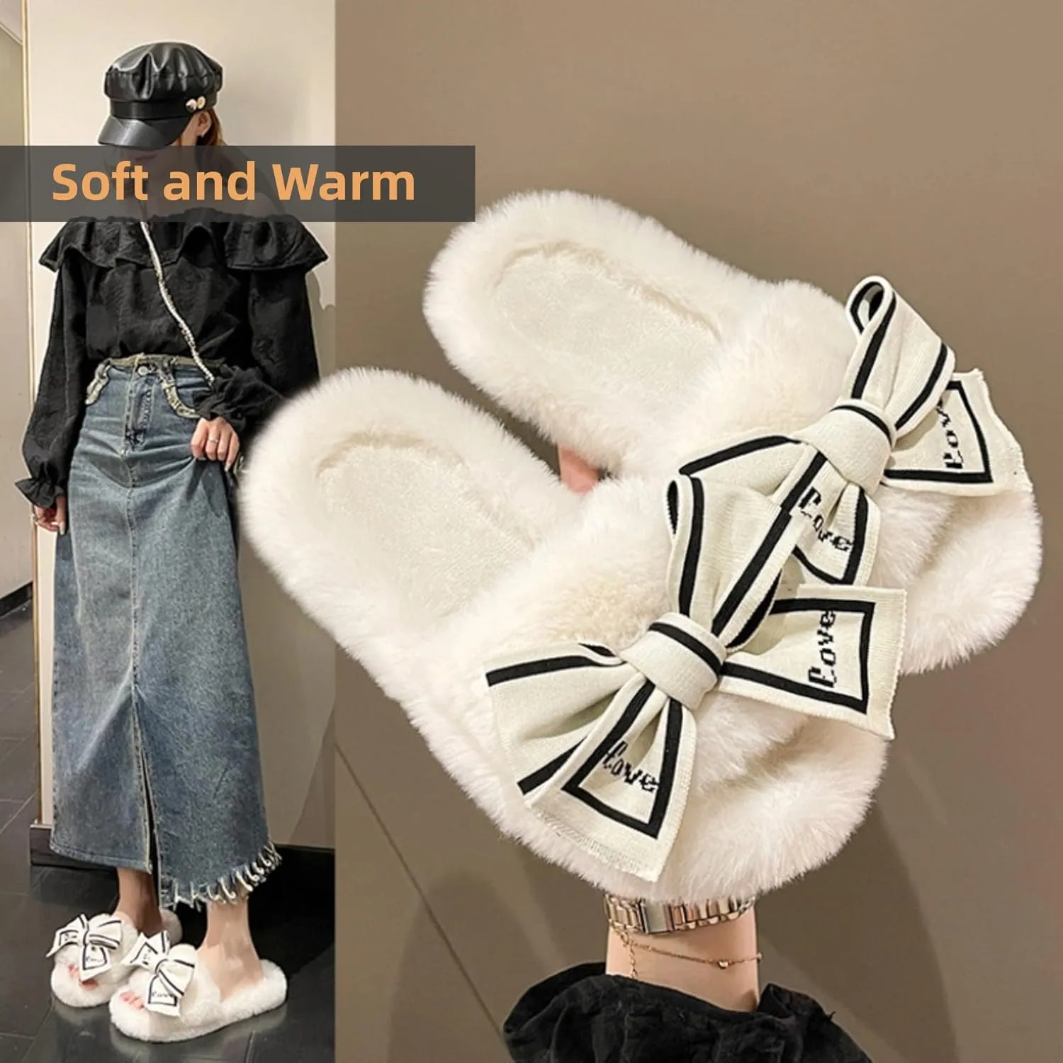 Fluffy Slippers Women's Cute Bow Tie Fuzzy Slippers Open Toe House Shoes Outdoor Indoor Plush Slippers Cozy Bedroom Shoes Slip On Shoes Autumn Winter Home Warm Slippers