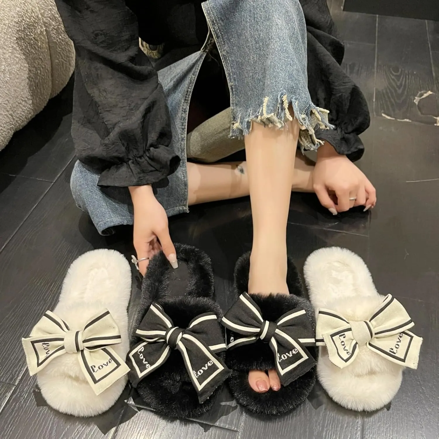 Fluffy Slippers Women's Cute Bow Tie Fuzzy Slippers Open Toe House Shoes Outdoor Indoor Plush Slippers Cozy Bedroom Shoes Slip On Shoes Autumn Winter Home Warm Slippers