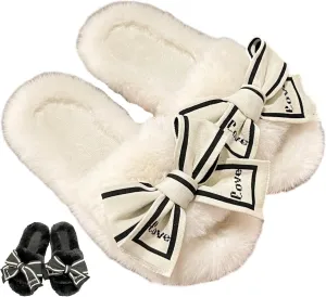 Fluffy Slippers Women's Cute Bow Tie Fuzzy Slippers Open Toe House Shoes Outdoor Indoor Plush Slippers Cozy Bedroom Shoes Slip On Shoes Autumn Winter Home Warm Slippers