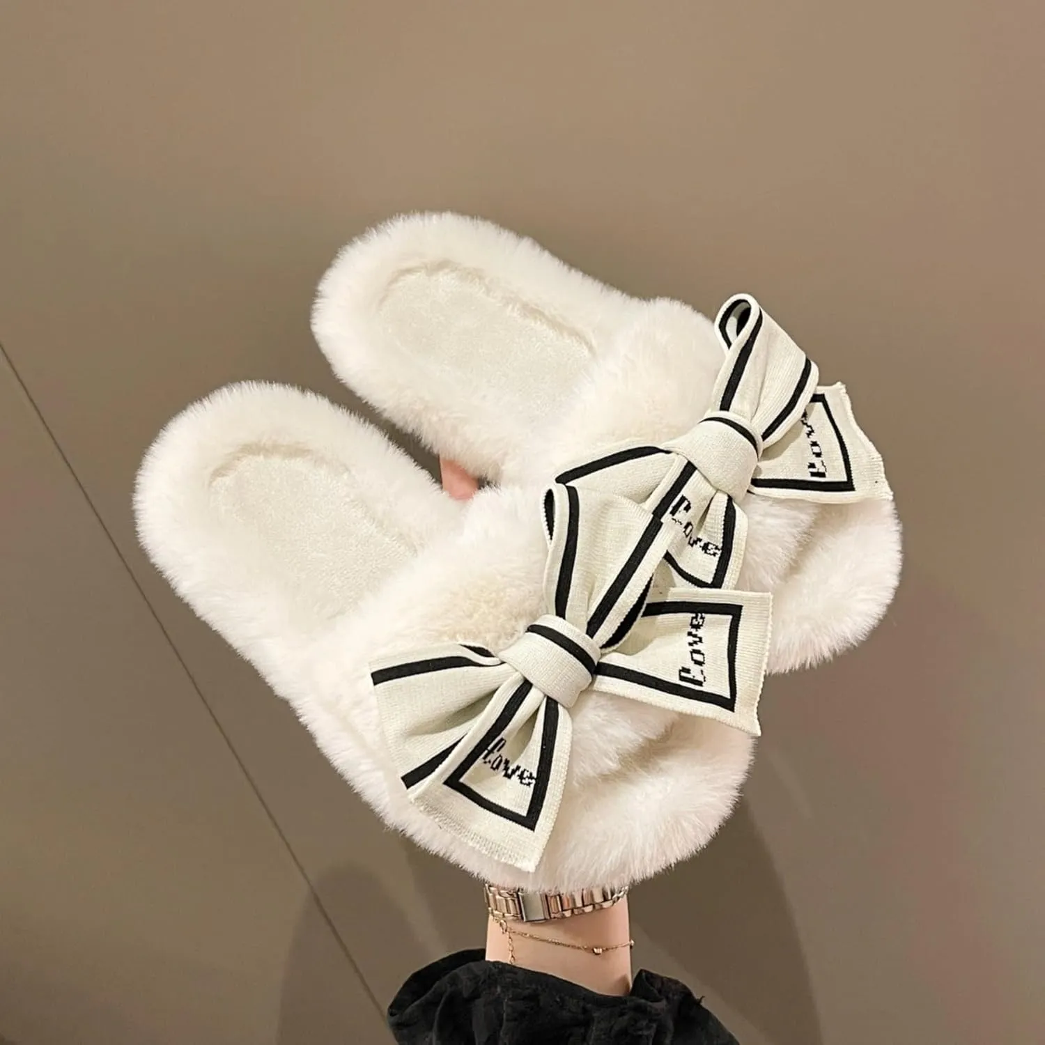 Fluffy Slippers Women's Cute Bow Tie Fuzzy Slippers Open Toe House Shoes Outdoor Indoor Plush Slippers Cozy Bedroom Shoes Slip On Shoes Autumn Winter Home Warm Slippers