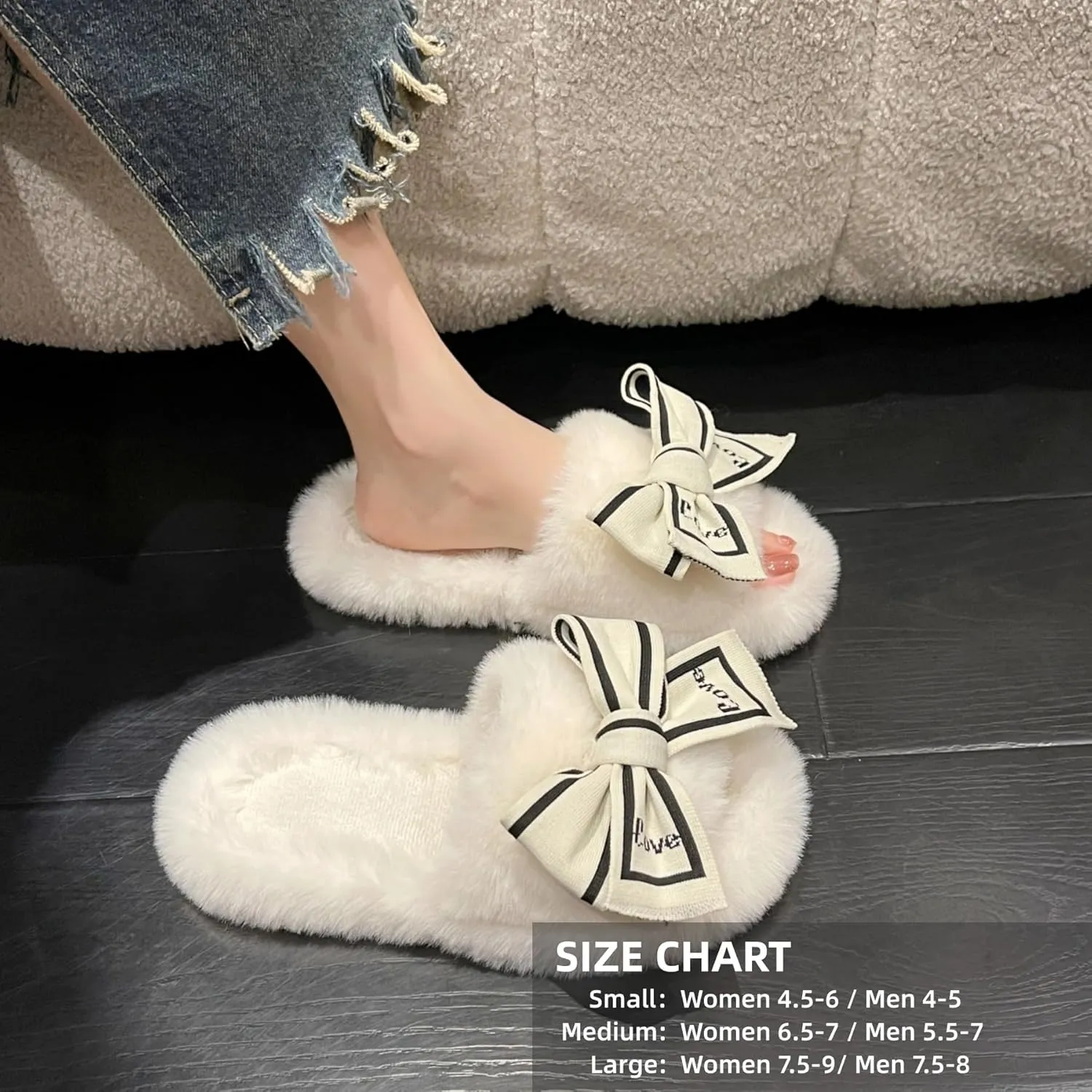 Fluffy Slippers Women's Cute Bow Tie Fuzzy Slippers Open Toe House Shoes Outdoor Indoor Plush Slippers Cozy Bedroom Shoes Slip On Shoes Autumn Winter Home Warm Slippers