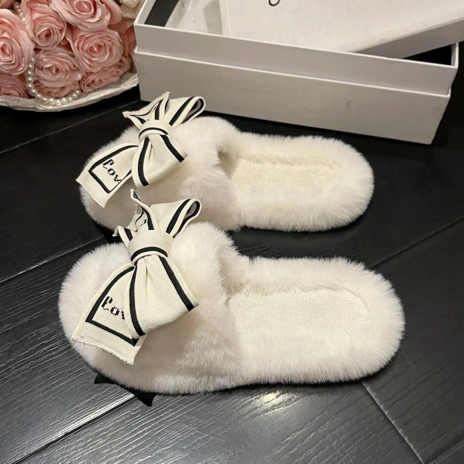 Fluffy Slippers Women's Cute Bow Tie Fuzzy Slippers Open Toe House Shoes Outdoor Indoor Plush Slippers Cozy Bedroom Shoes Slip On Shoes Autumn Winter Home Warm Slippers
