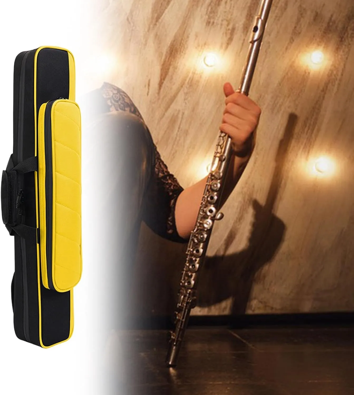 Flute Carrying Bag Wind Instrument Handbag Organizer Bag with Adjustable Single Shoulder Strap, yellow