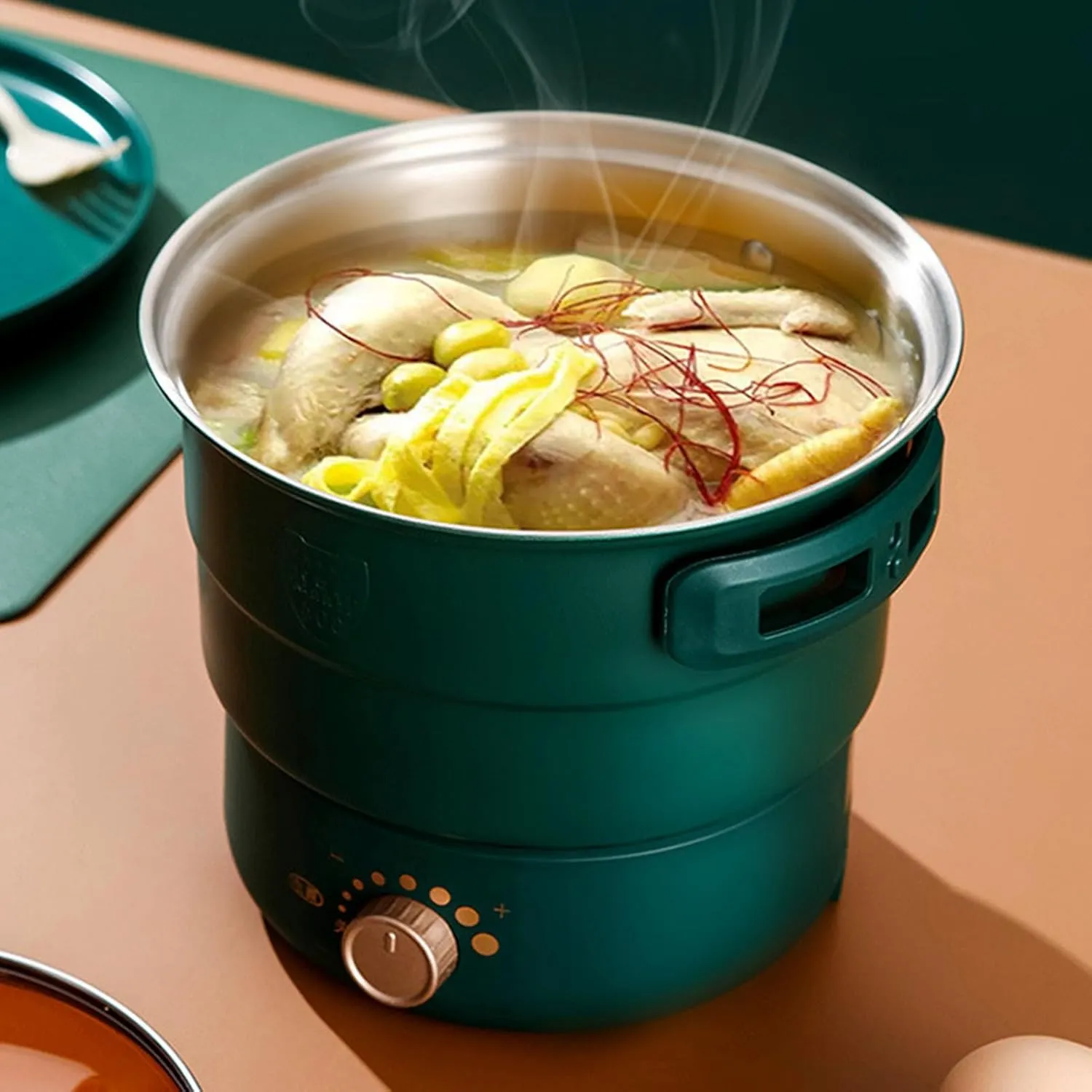 Fockety Multifunctional Electric Cooker, 500W 1.6L Mini Ramen Cooker with Foldable Handle, Portable Cooking Pot Electric Pot for Noodles Steak Cooker Eggs StirFrying, Dark Green, Fockety0dx981fhcp-11