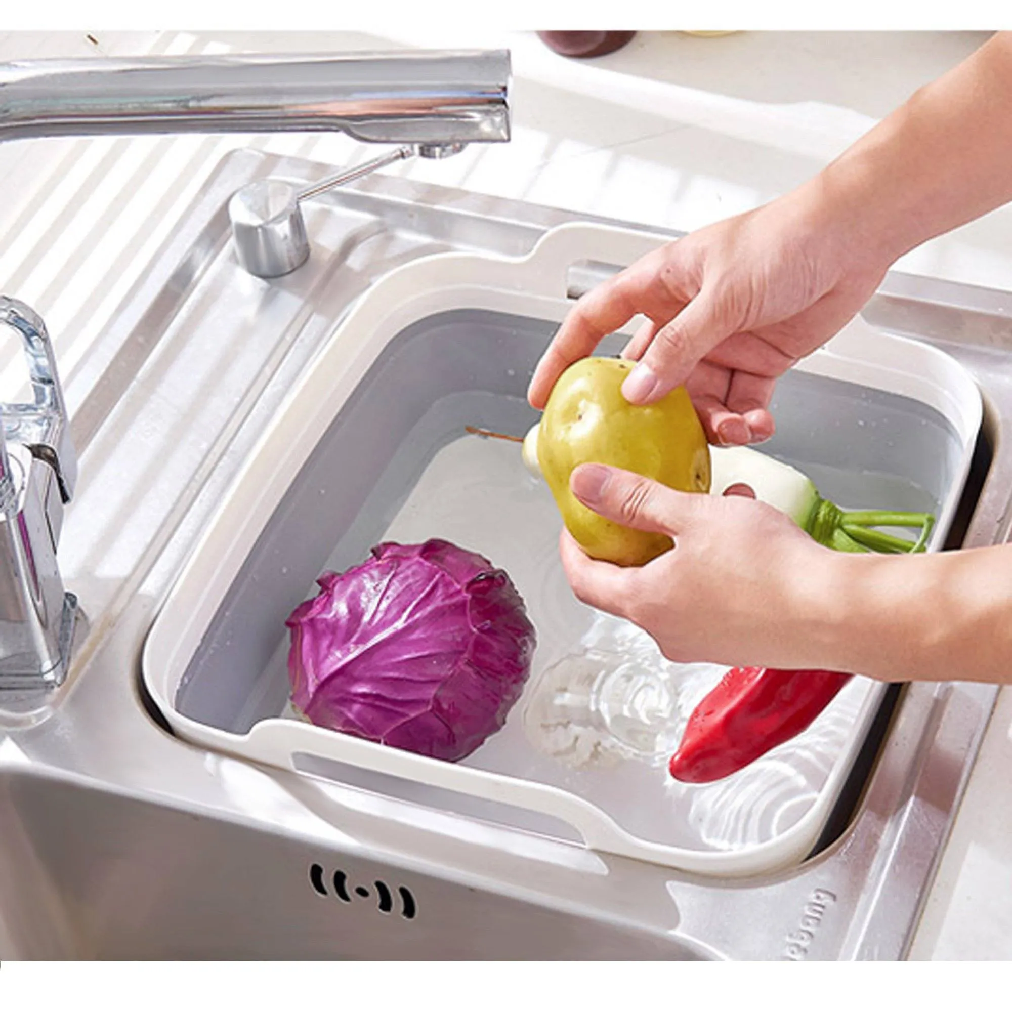 Foldable Dish Tub Washing Basin Collapsible Draining Pan Strainer Food Basket