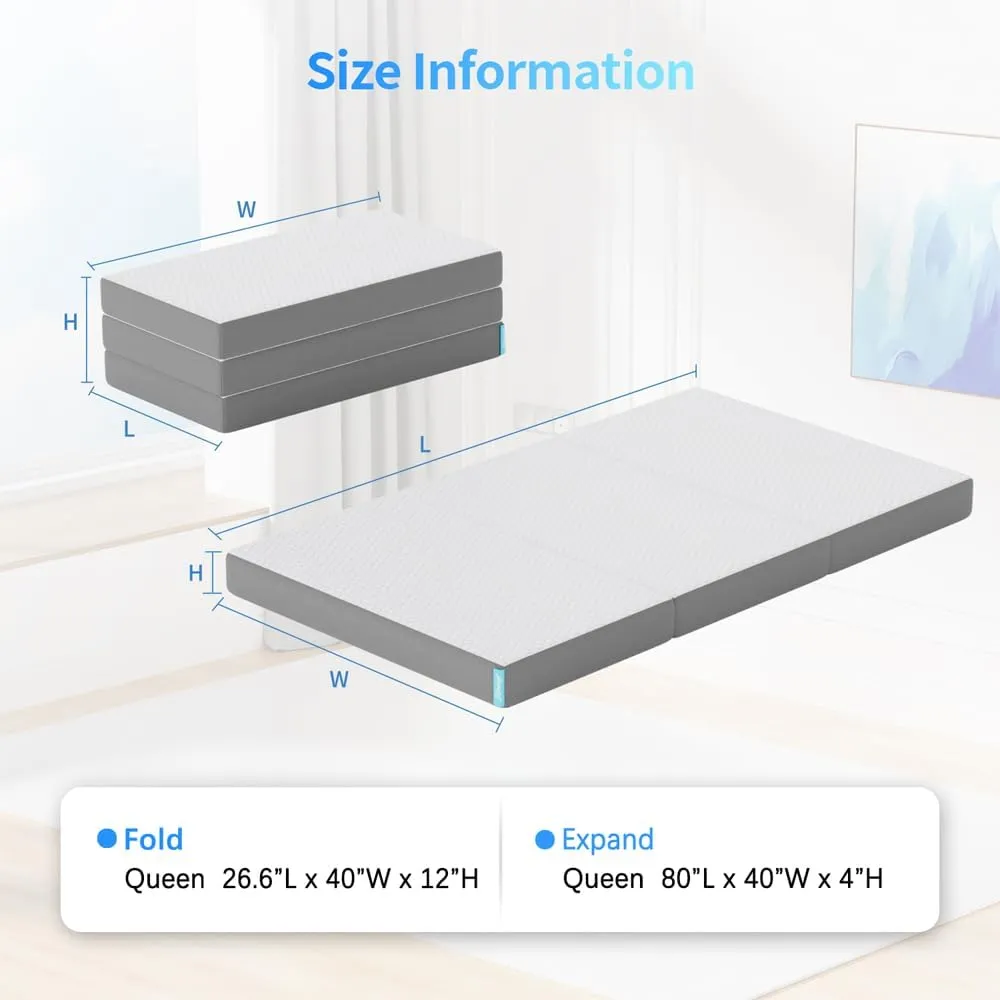 Foldable Mattress Queen Size, 4 Inch Odorless Floor Mattresses for Sleeping, Tri Folding Mattress with Portable Camping RV Guest Bed 80" x 60"