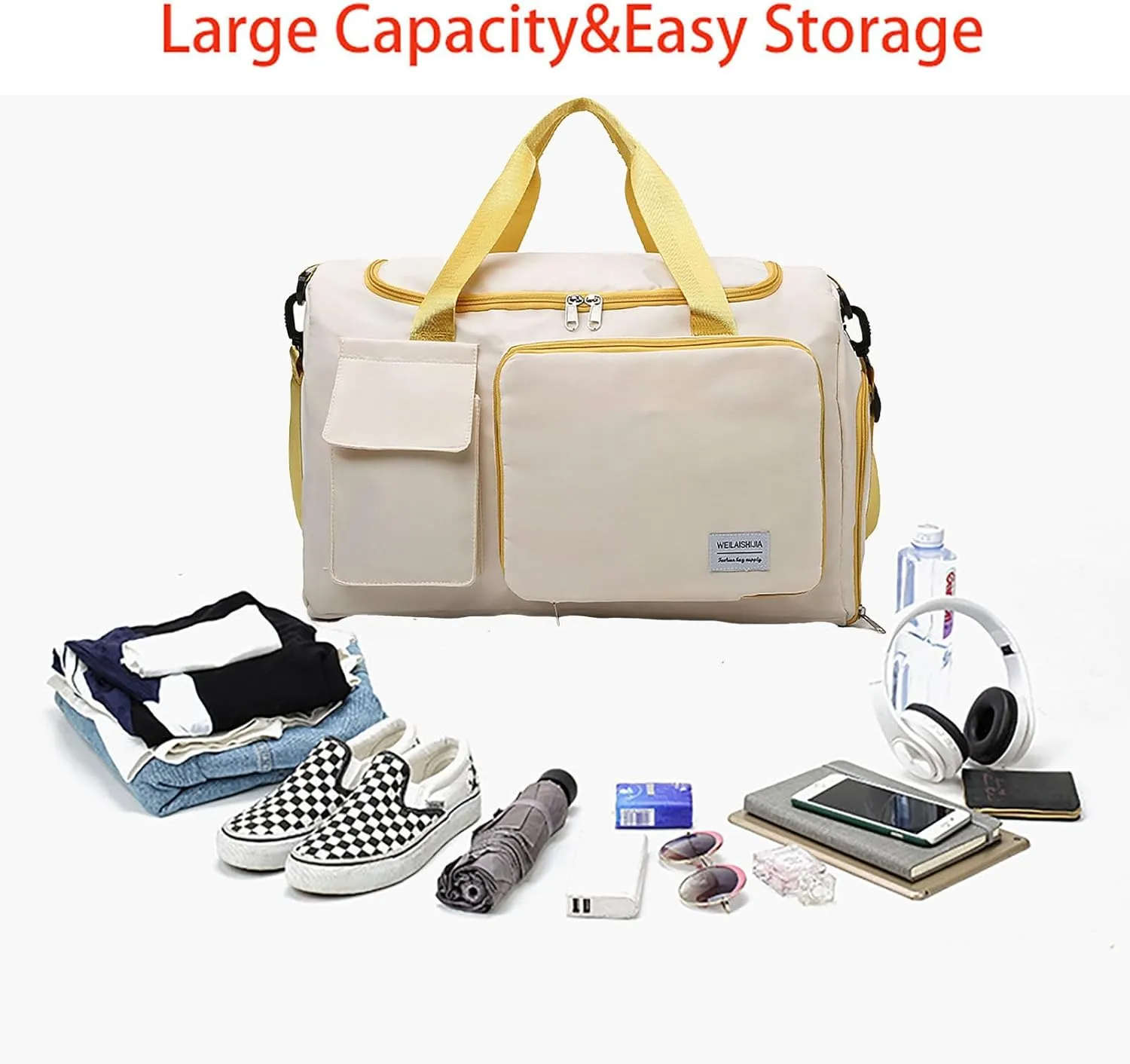 Foldable Tote Travel Duffel Bag Dry Wet Separation Sports Duffle Bag with Shoes Compartment Weekender Overnight Bag for Women (White Canary)
