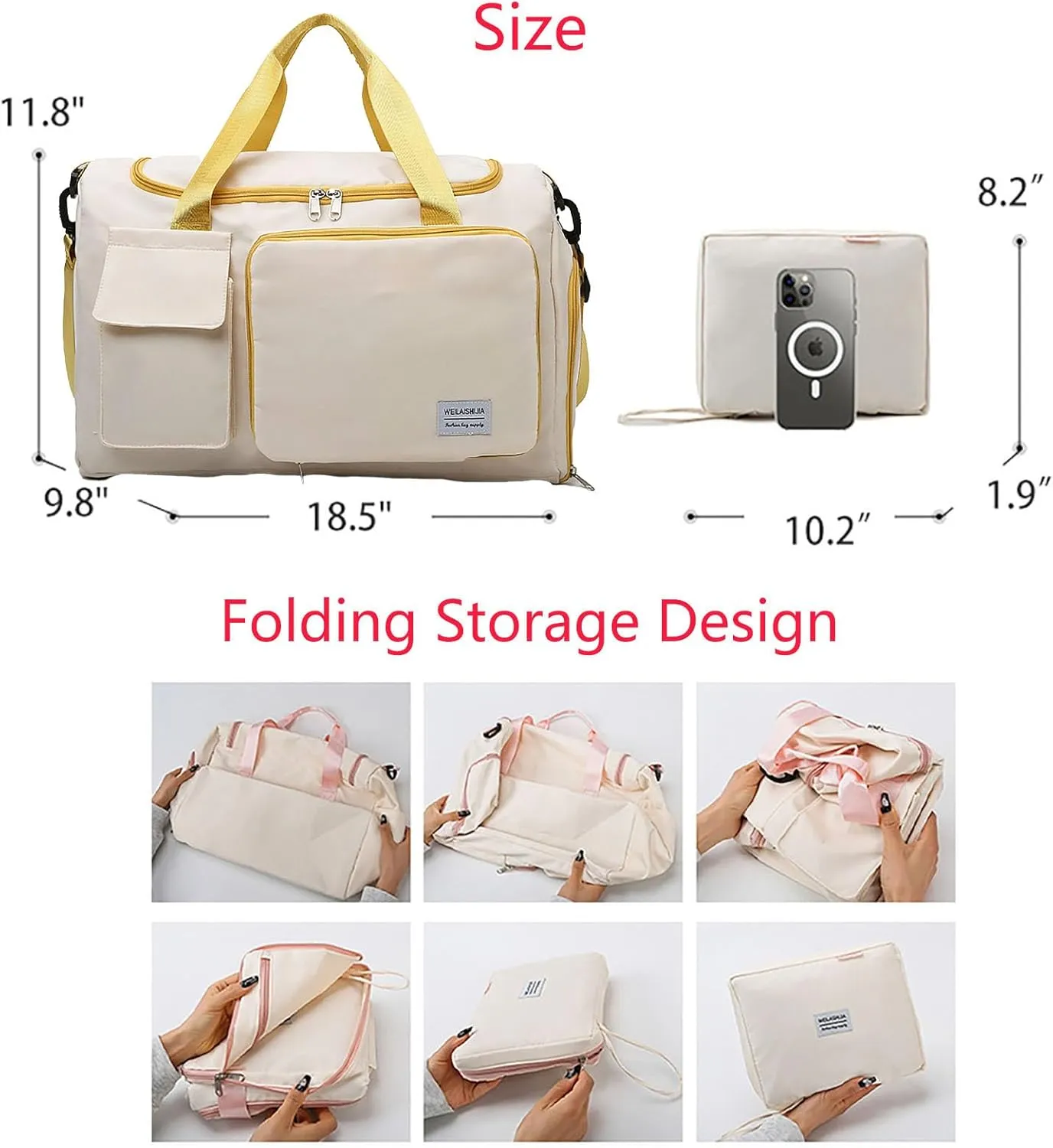 Foldable Tote Travel Duffel Bag Dry Wet Separation Sports Duffle Bag with Shoes Compartment Weekender Overnight Bag for Women (White Canary)
