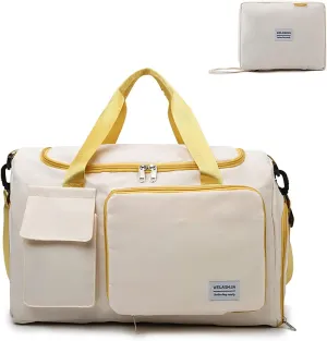 Foldable Tote Travel Duffel Bag Dry Wet Separation Sports Duffle Bag with Shoes Compartment Weekender Overnight Bag for Women (White Canary)