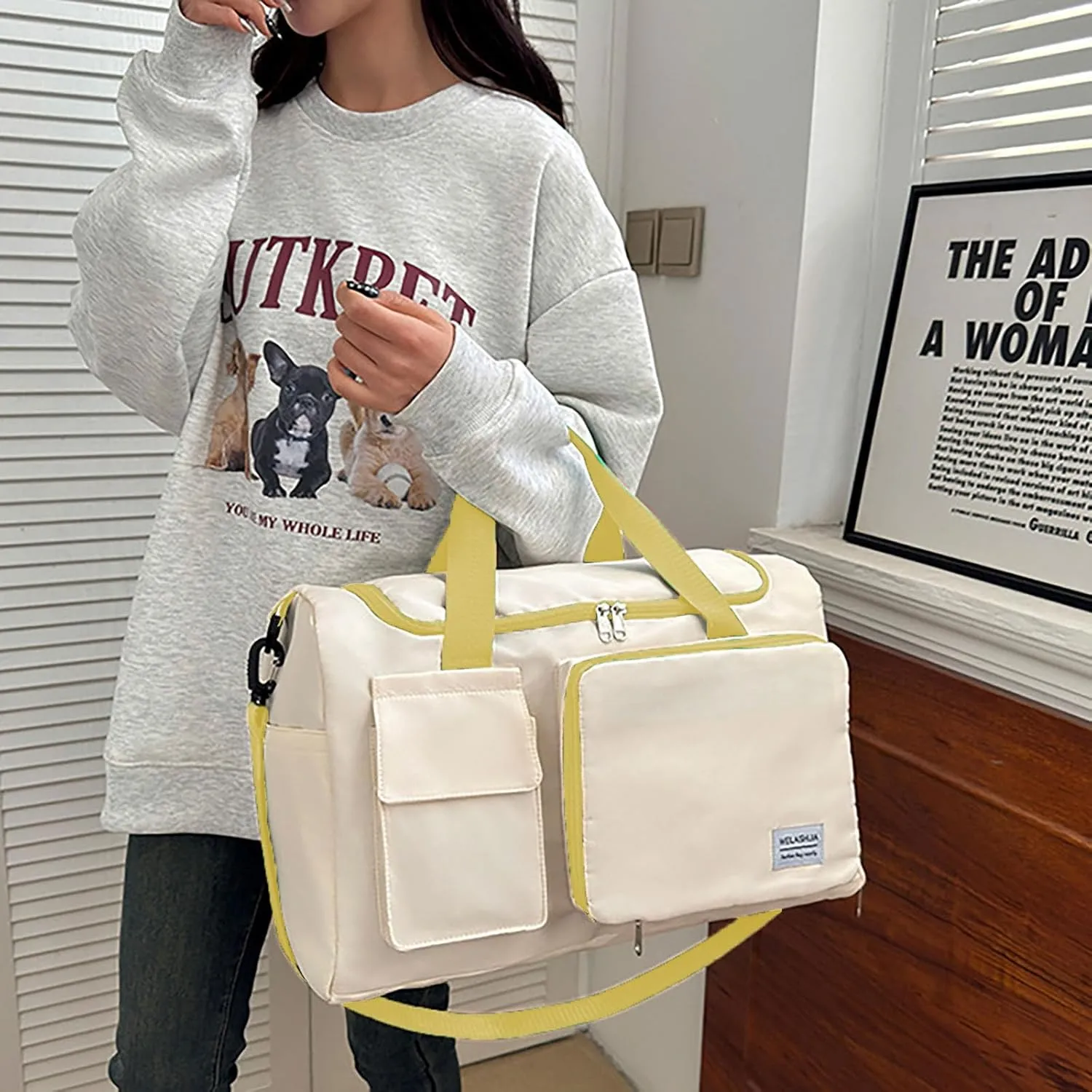 Foldable Tote Travel Duffel Bag Dry Wet Separation Sports Duffle Bag with Shoes Compartment Weekender Overnight Bag for Women (White Canary)
