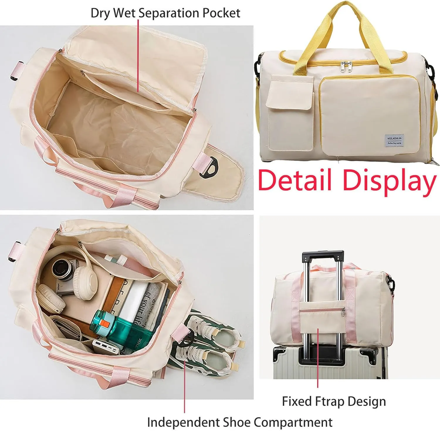 Foldable Tote Travel Duffel Bag Dry Wet Separation Sports Duffle Bag with Shoes Compartment Weekender Overnight Bag for Women (White Canary)
