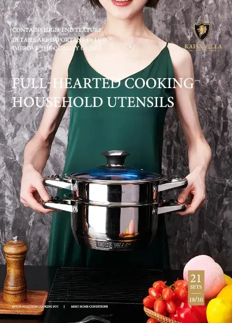 for Set with Pans Villa Markdown Clear Stainless 21-Piece Glass - and Lids Nonstick High-end Cookware Kaisa Steel Pots