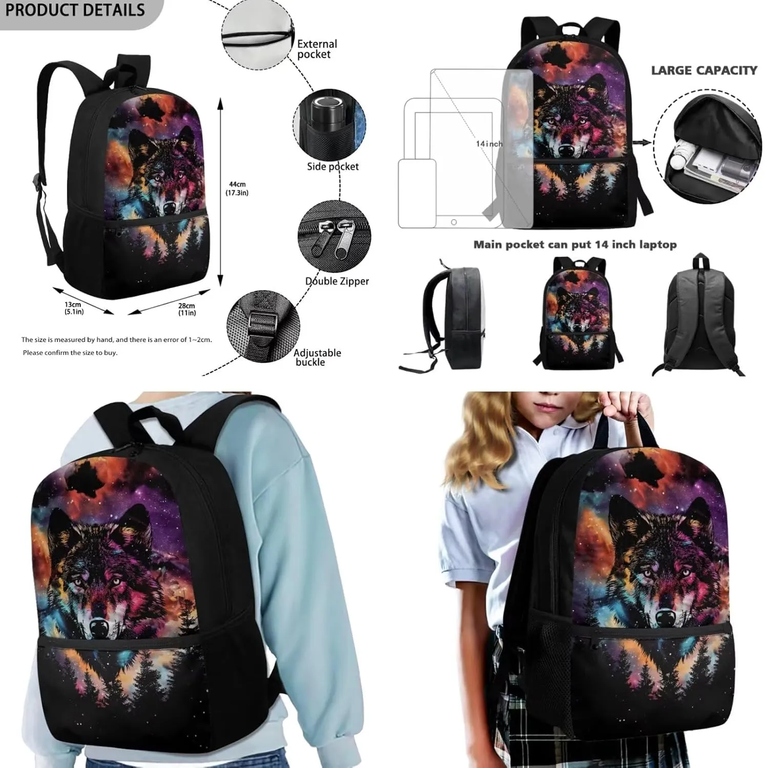 FOR U DESIGNS Wolf Backpack for Girls Trendy Elementary School Bag 5th Grade Stylish Girls Bookbag and Lunch Box Set 12-14 Lightweight Book Bag Sets for Girls 3 Piece Travel Daypack