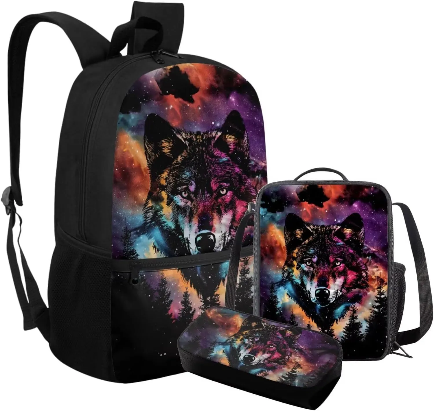 FOR U DESIGNS Wolf Backpack for Girls Trendy Elementary School Bag 5th Grade Stylish Girls Bookbag and Lunch Box Set 12-14 Lightweight Book Bag Sets for Girls 3 Piece Travel Daypack