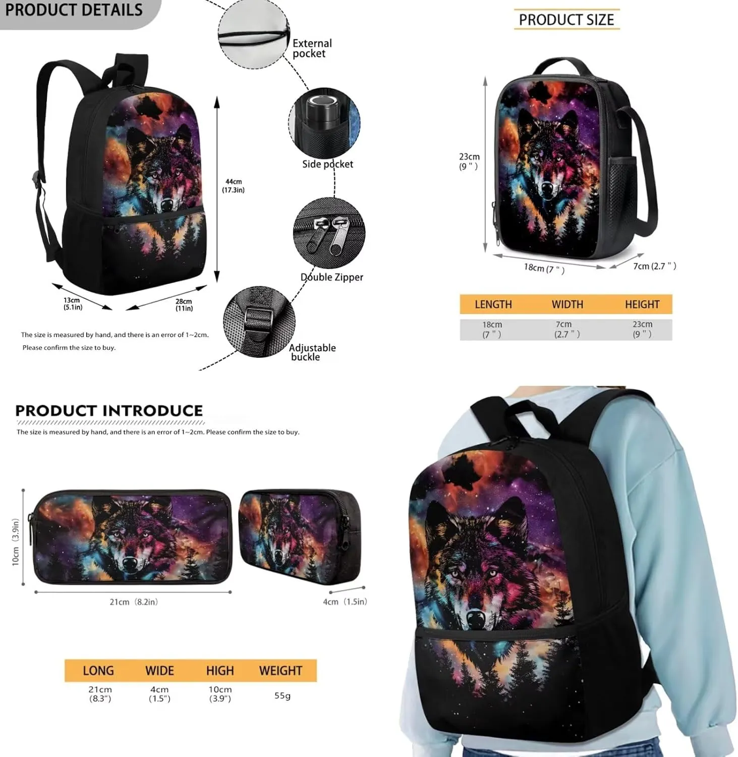 FOR U DESIGNS Wolf Backpack for Girls Trendy Elementary School Bag 5th Grade Stylish Girls Bookbag and Lunch Box Set 12-14 Lightweight Book Bag Sets for Girls 3 Piece Travel Daypack