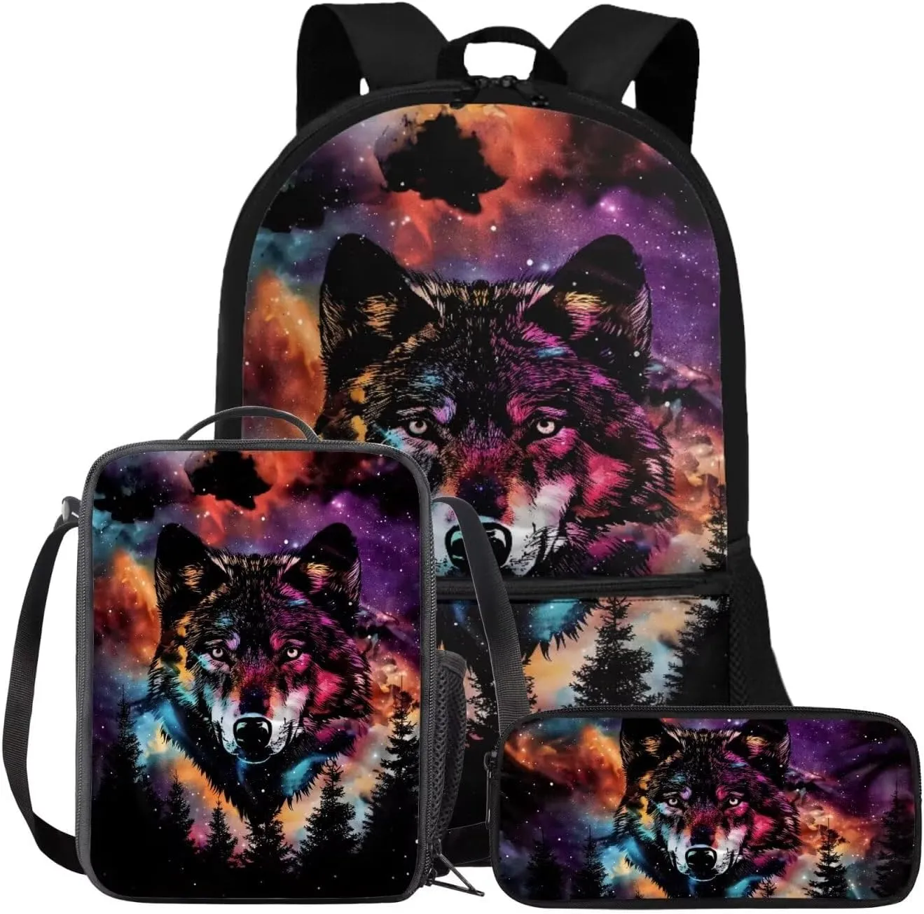 FOR U DESIGNS Wolf Backpack for Girls Trendy Elementary School Bag 5th Grade Stylish Girls Bookbag and Lunch Box Set 12-14 Lightweight Book Bag Sets for Girls 3 Piece Travel Daypack