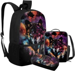 FOR U DESIGNS Wolf Backpack for Girls Trendy Elementary School Bag 5th Grade Stylish Girls Bookbag and Lunch Box Set 12-14 Lightweight Book Bag Sets for Girls 3 Piece Travel Daypack