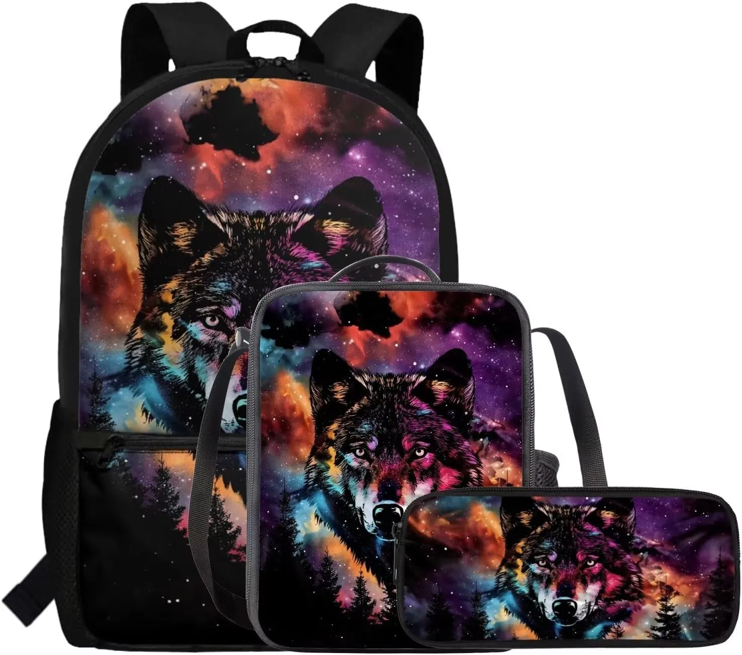 FOR U DESIGNS Wolf Backpack for Girls Trendy Elementary School Bag 5th Grade Stylish Girls Bookbag and Lunch Box Set 12-14 Lightweight Book Bag Sets for Girls 3 Piece Travel Daypack