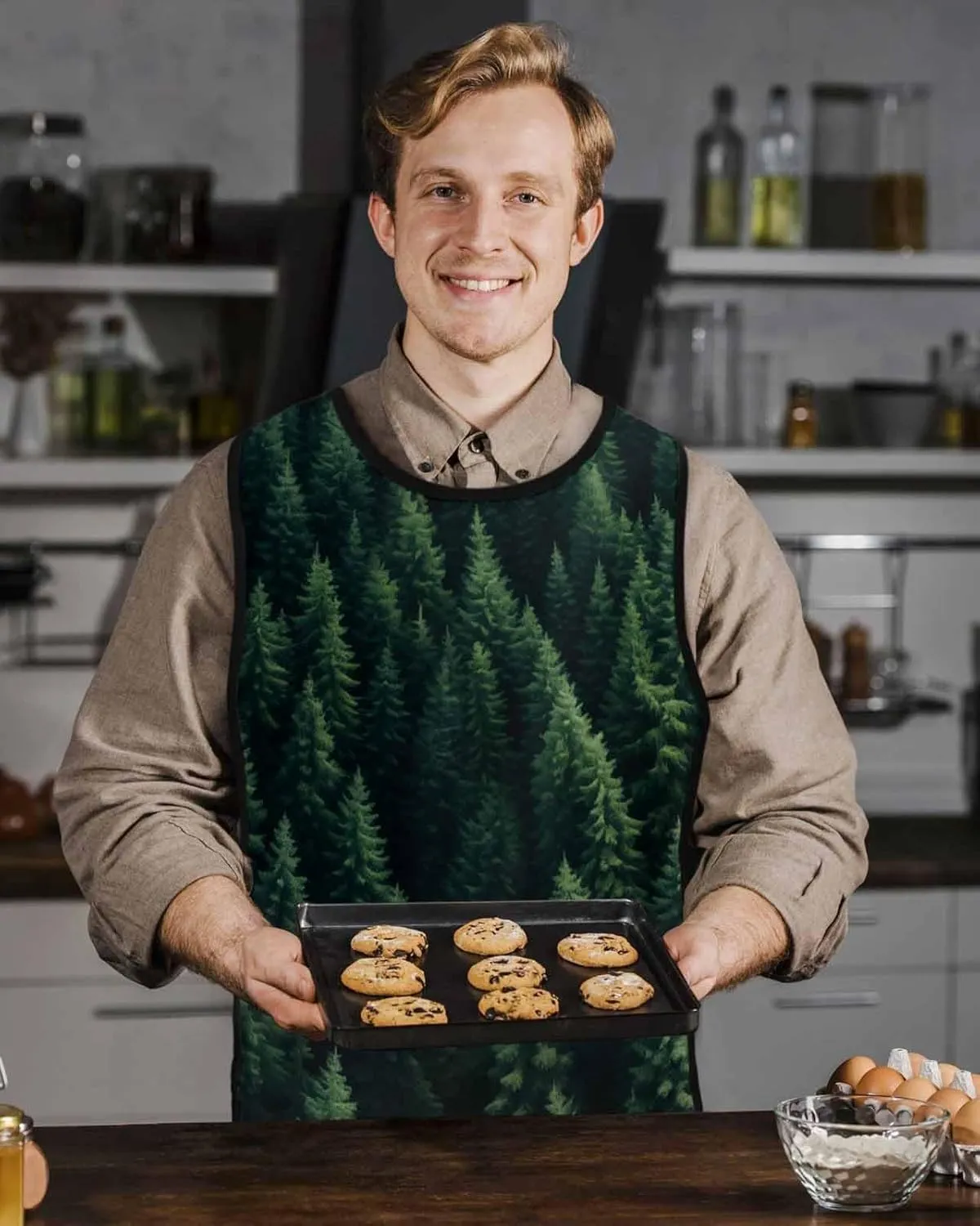 Forest Green Tree Cobbler Apron with Pockets Smock Bib, Spring Summer Wilderness Nature Landscape