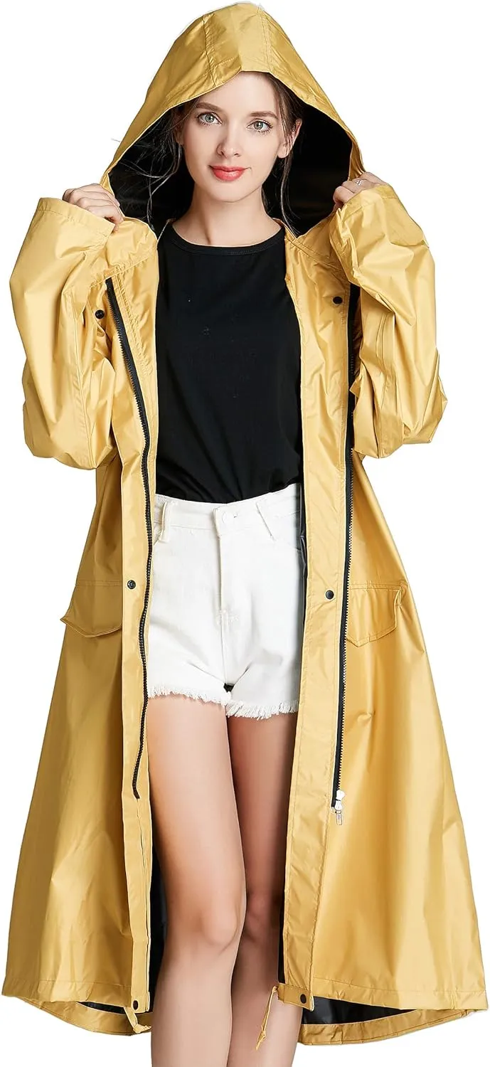Freesmily Women Long Raincoat Waterproof Rain Jacket with Hood Zipper and Pockets Outdoors