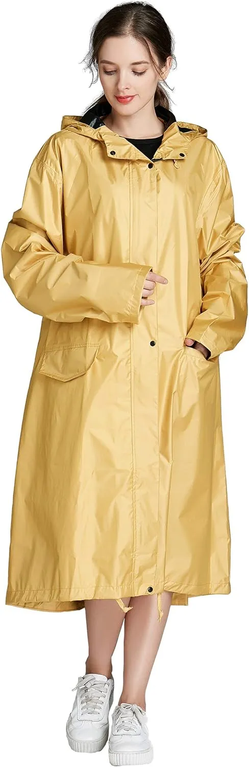 Freesmily Women Long Raincoat Waterproof Rain Jacket with Hood Zipper and Pockets Outdoors