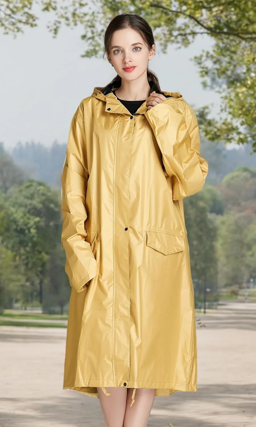 Freesmily Women Long Raincoat Waterproof Rain Jacket with Hood Zipper and Pockets Outdoors