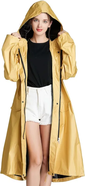 Freesmily Women Long Raincoat Waterproof Rain Jacket with Hood Zipper and Pockets Outdoors