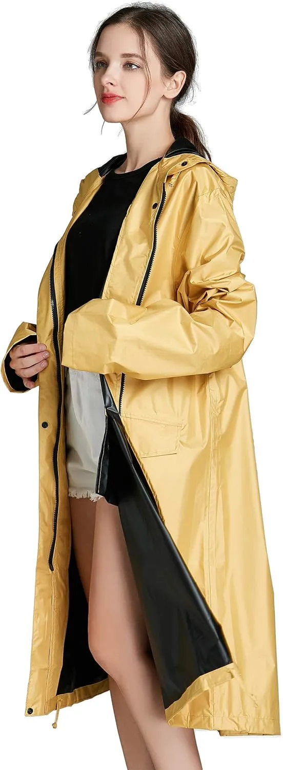 Freesmily Women Long Raincoat Waterproof Rain Jacket with Hood Zipper and Pockets Outdoors