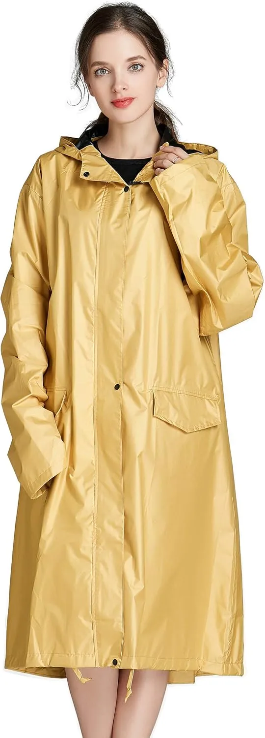 Freesmily Women Long Raincoat Waterproof Rain Jacket with Hood Zipper and Pockets Outdoors