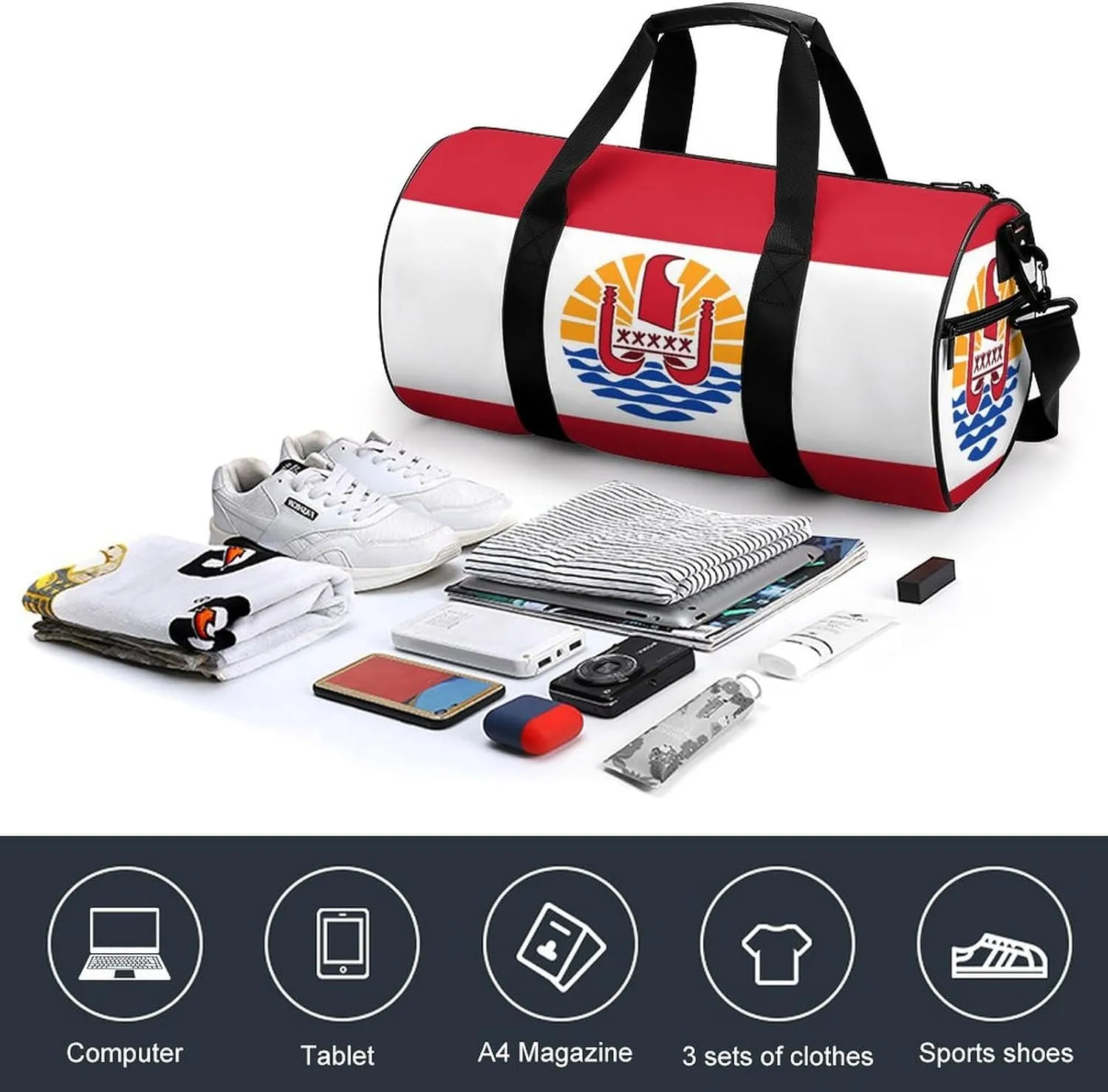 French Polynesia Flag Travel Gym Duffel Bag for Women Men Dry Wet Separation Carry On Weekender