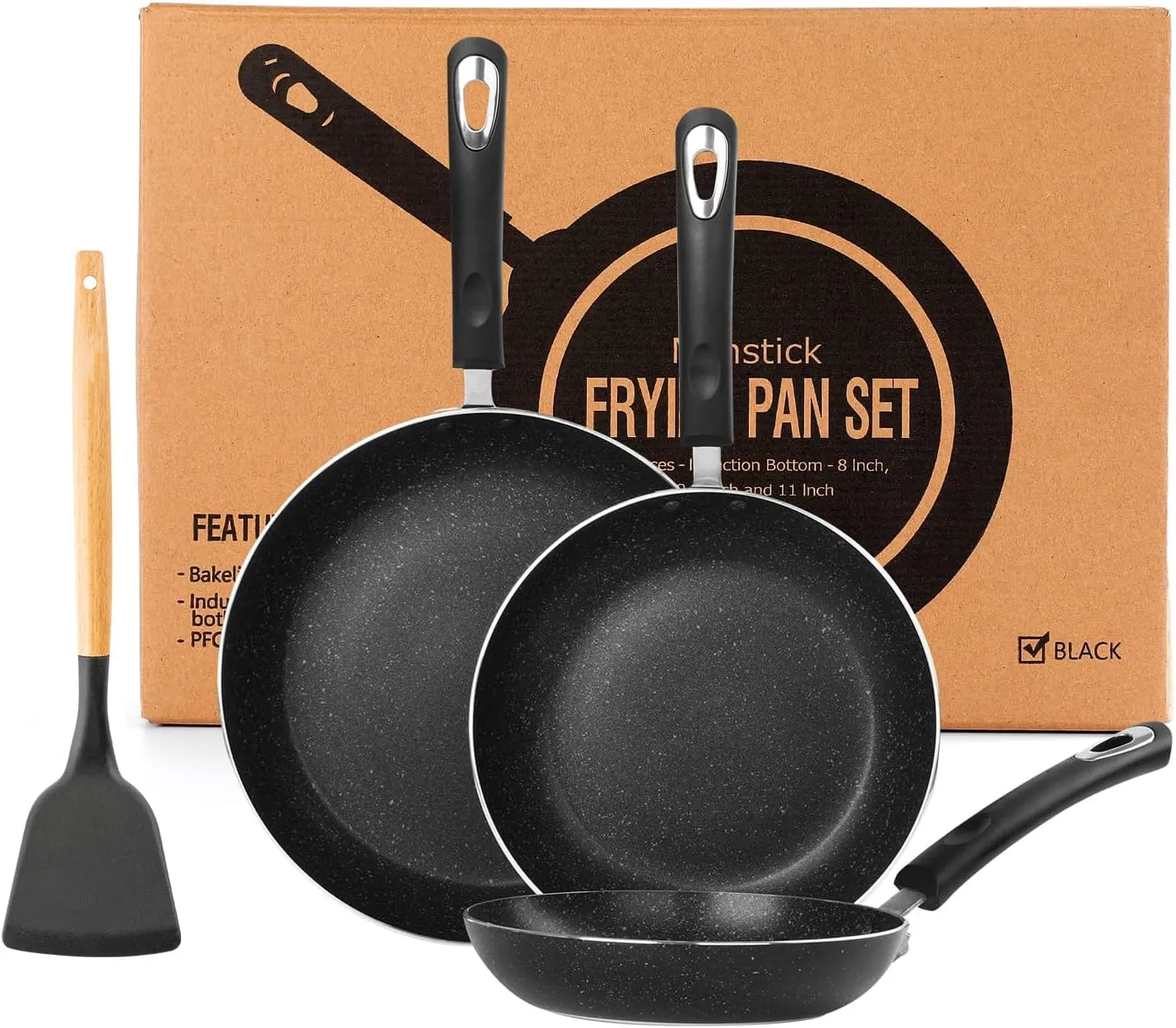 Frying Pan 3-Piece Set, Nonstick Skillet Set for Induction Cooktop, Frying Pan Nonstick 8 Inch 9.5 Inch  11 Inch (Black)