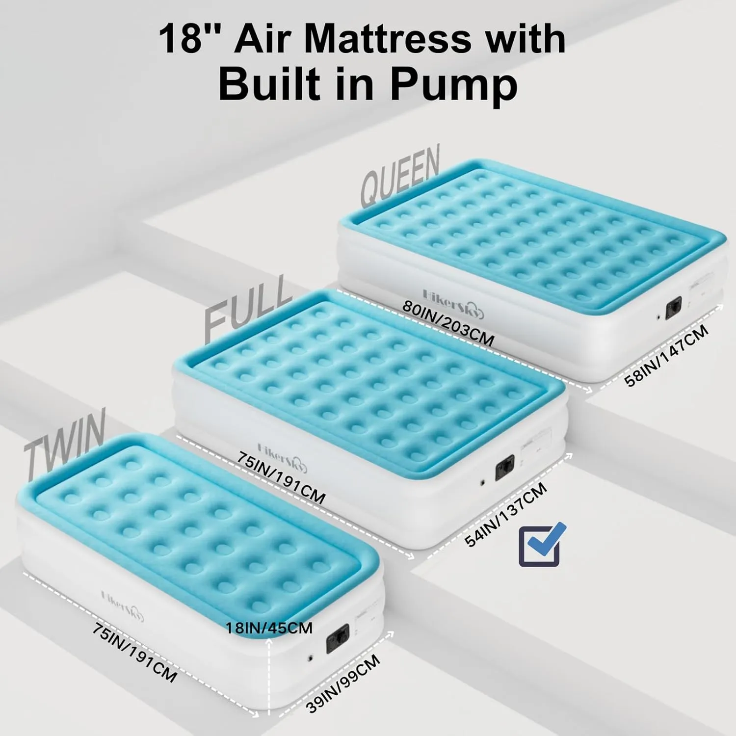 Full Size Air Mattress with Built in Pump, Air Bed with Portable Storage Bag, 18'' Blow up Mattress Suitable for Home and Guests, Top Flocking, 18" Full Sky Blue