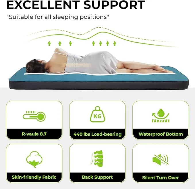 FUNDANGO Self Inflating Sleeping Pad, 4" Thick Camping Mattress with Pump Sack, 4-Season Sleeping Pad for Camping, 8.7 R-Value Insulated Camping Bed for Tent Car Truck Van, Double