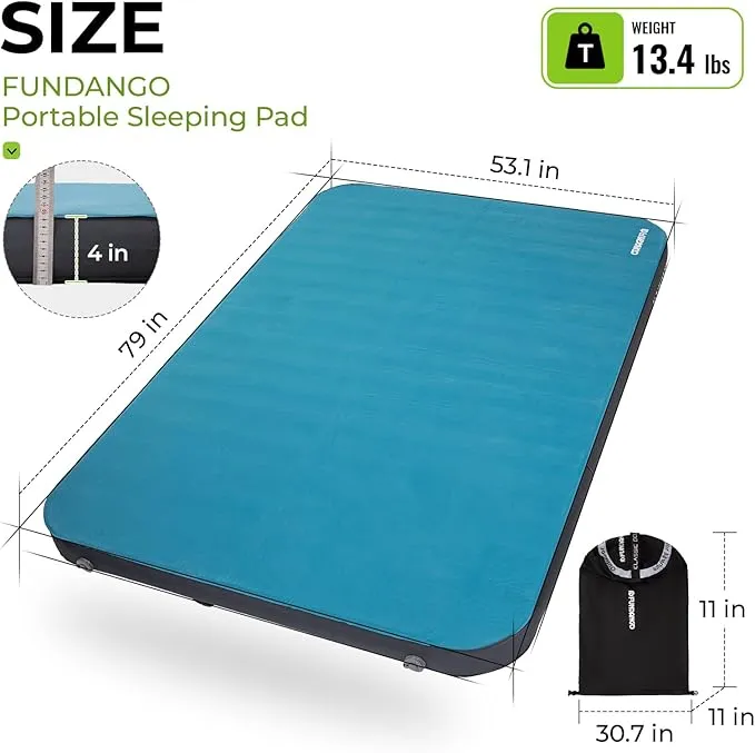 FUNDANGO Self Inflating Sleeping Pad, 4" Thick Camping Mattress with Pump Sack, 4-Season Sleeping Pad for Camping, 8.7 R-Value Insulated Camping Bed for Tent Car Truck Van, Double