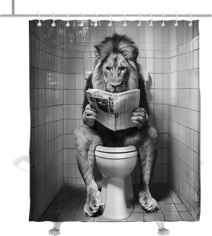 Funny Cool Lion Shower Curtain Vintage Animal on Toilet with Newspaper Unique Shower Curtains Set Modern Retro Wild Animals Bathroom Decor with Hooks 72" W × 84" H