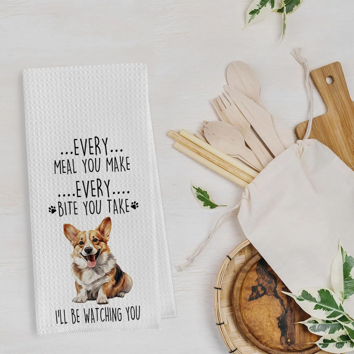 Funny Corgi Dish Towels Set - Waffle Weave Kitchen Hand Tea Towels for Bathroom, Decorative Gift for Corgi Lovers (1624 Inches, Set of 2)