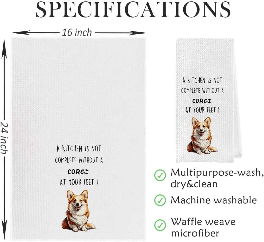 Funny Corgi Dish Towels Set - Waffle Weave Kitchen Hand Tea Towels for Bathroom, Decorative Gift for Corgi Lovers (1624 Inches, Set of 2)