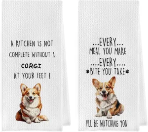Funny Corgi Dish Towels Set - Waffle Weave Kitchen Hand Tea Towels for Bathroom, Decorative Gift for Corgi Lovers (1624 Inches, Set of 2)