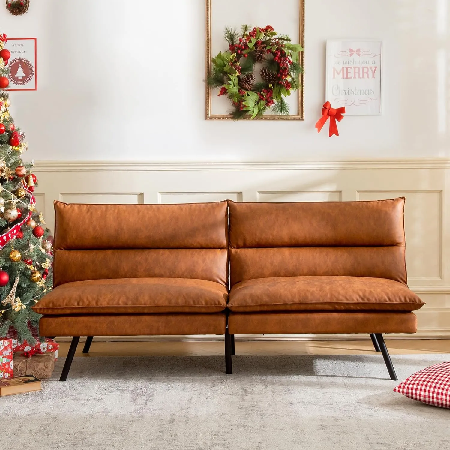 Futon Sofa Bed/Couch,3” Memory Foam Small Splitback Sofa,Faux Leather Modern Loveseat for Living Room,Apartment,Studio,Guest Room,Home Office,71" L (Brown)