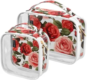 GAIGEO All Red Roses Clear Cosmetic Bag Set, Toiletry Bag with Handle, Toiletry Bag for Women Clear, 2 Pack