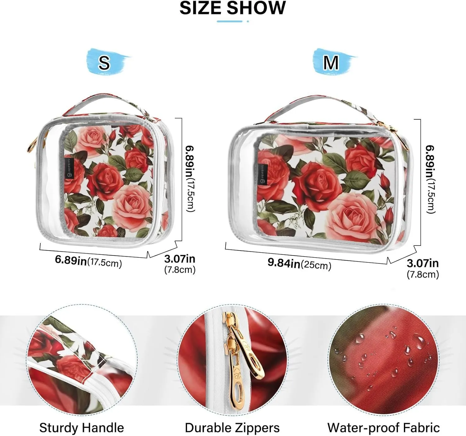 GAIGEO All Red Roses Clear Cosmetic Bag Set, Toiletry Bag with Handle, Toiletry Bag for Women Clear, 2 Pack