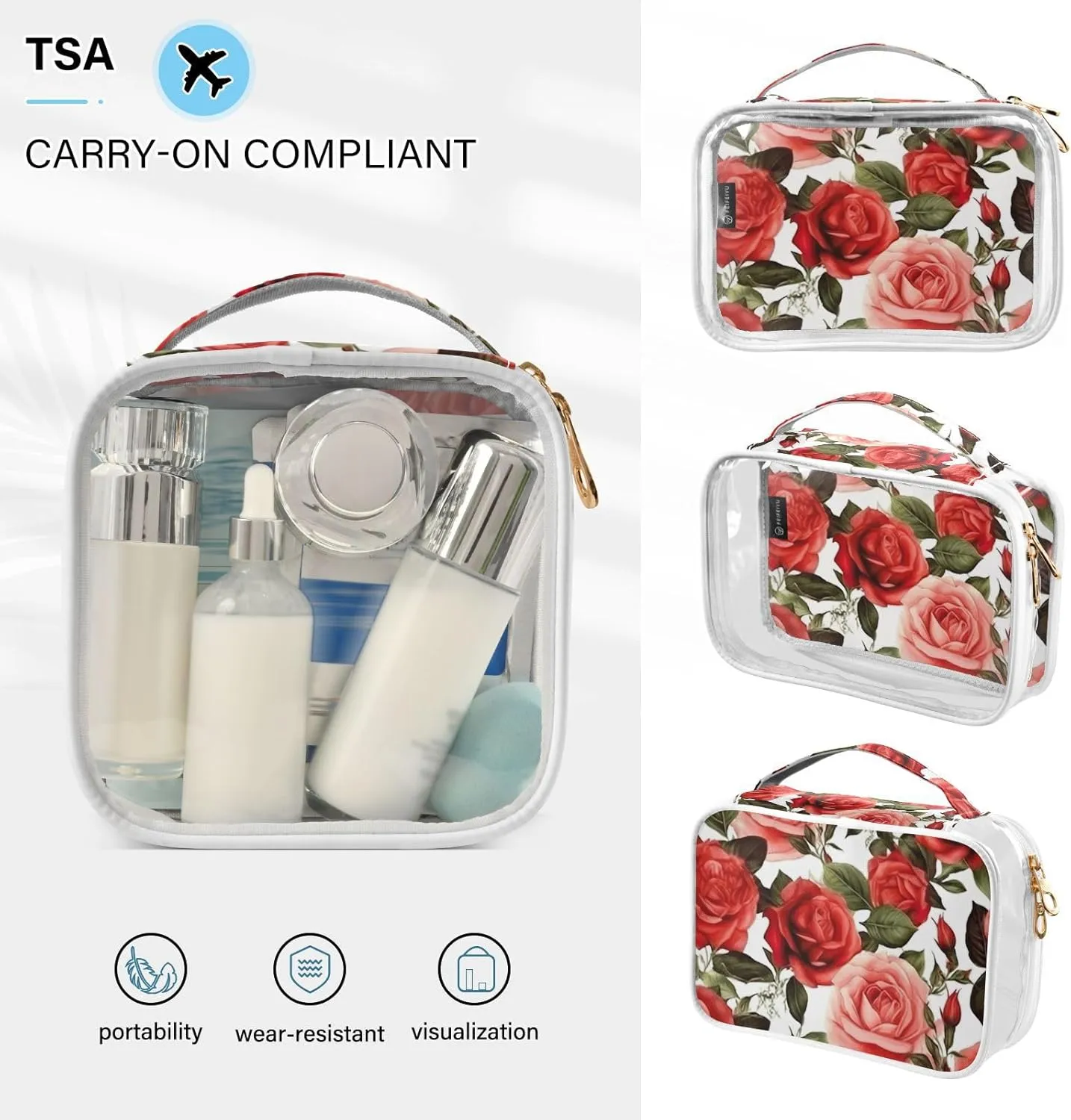 GAIGEO All Red Roses Clear Cosmetic Bag Set, Toiletry Bag with Handle, Toiletry Bag for Women Clear, 2 Pack