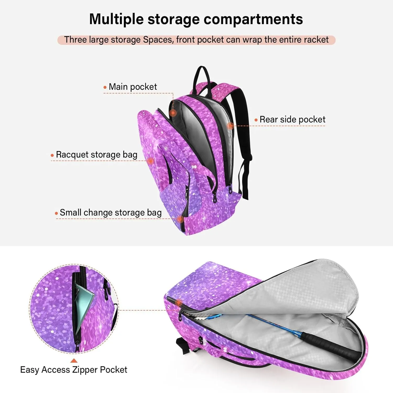 GAIGEO Racket Bag, Multiple Storage Compartments, Foldable Racket Pocket