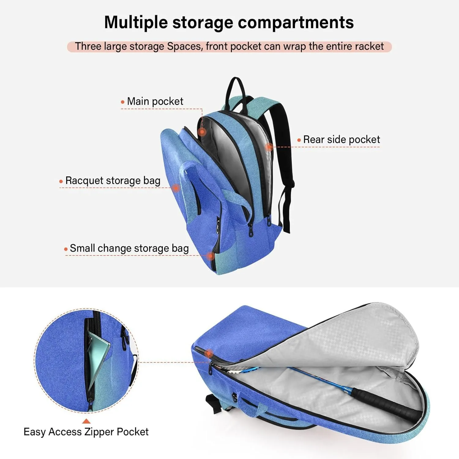 GAIGEO Teal Turquoise Glitter Sparkle Racket Bag, Multilayer Design Pickle Ball Bag, Sports and Daily Use
