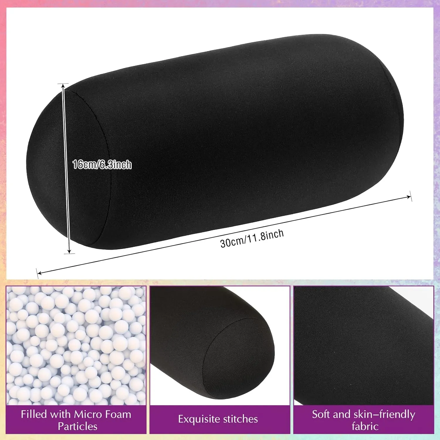 Geelin 2 Pcs Microbead Roll Pillow 11.8 x 6.3 Inch Soft Pillow Bolster Cylindrical Pillow Microbead Pillows for Sleeping Home Travel Neck Head Back Support Rest (Violet, Black)