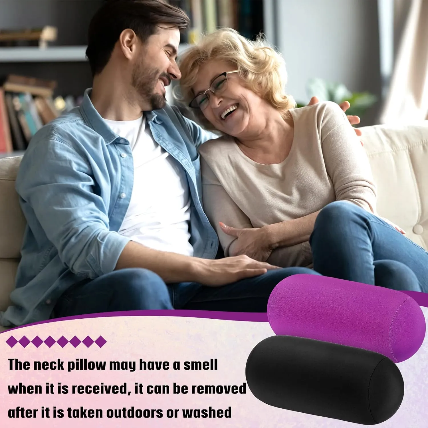 Geelin 2 Pcs Microbead Roll Pillow 11.8 x 6.3 Inch Soft Pillow Bolster Cylindrical Pillow Microbead Pillows for Sleeping Home Travel Neck Head Back Support Rest (Violet, Black)