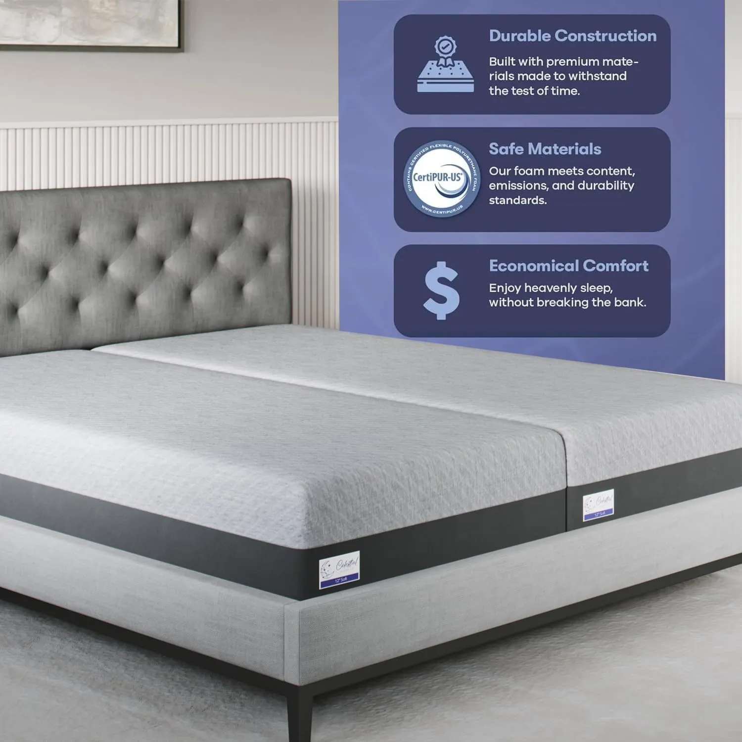 Gel Memory Foam Mattress in a Box, Made in The USA, CertiPUR-US Bed, 12 inch Soft - Split King