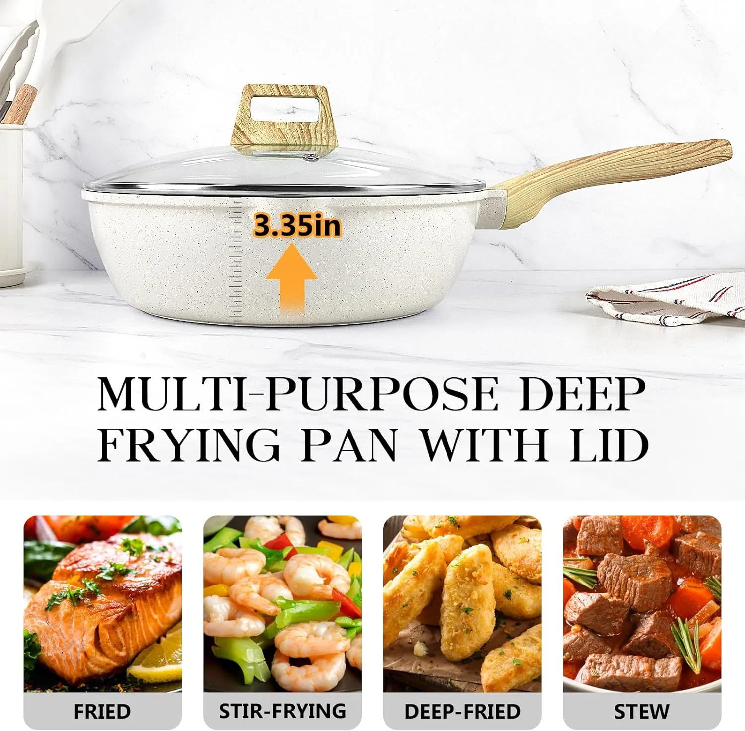 GiPP Nonstick Deep Frying Pan - 11 Inch Saute Pan with Lid Granite Induction Cookware, 4.5Qt Non Stick Woking Pan Skillet, PFOA PFOS APEO Free, White