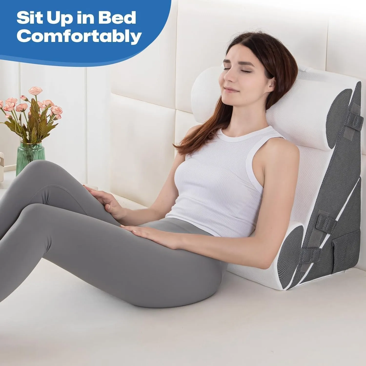 GOHOME Cooling Wedge Pillow Set for After Surgery, 4-Piece Adjustable Memory Foam Bed Wedge Pillow for Sleeping, Acid Reflux, Snoring, Neck Pain and Back Pain, White and Grey